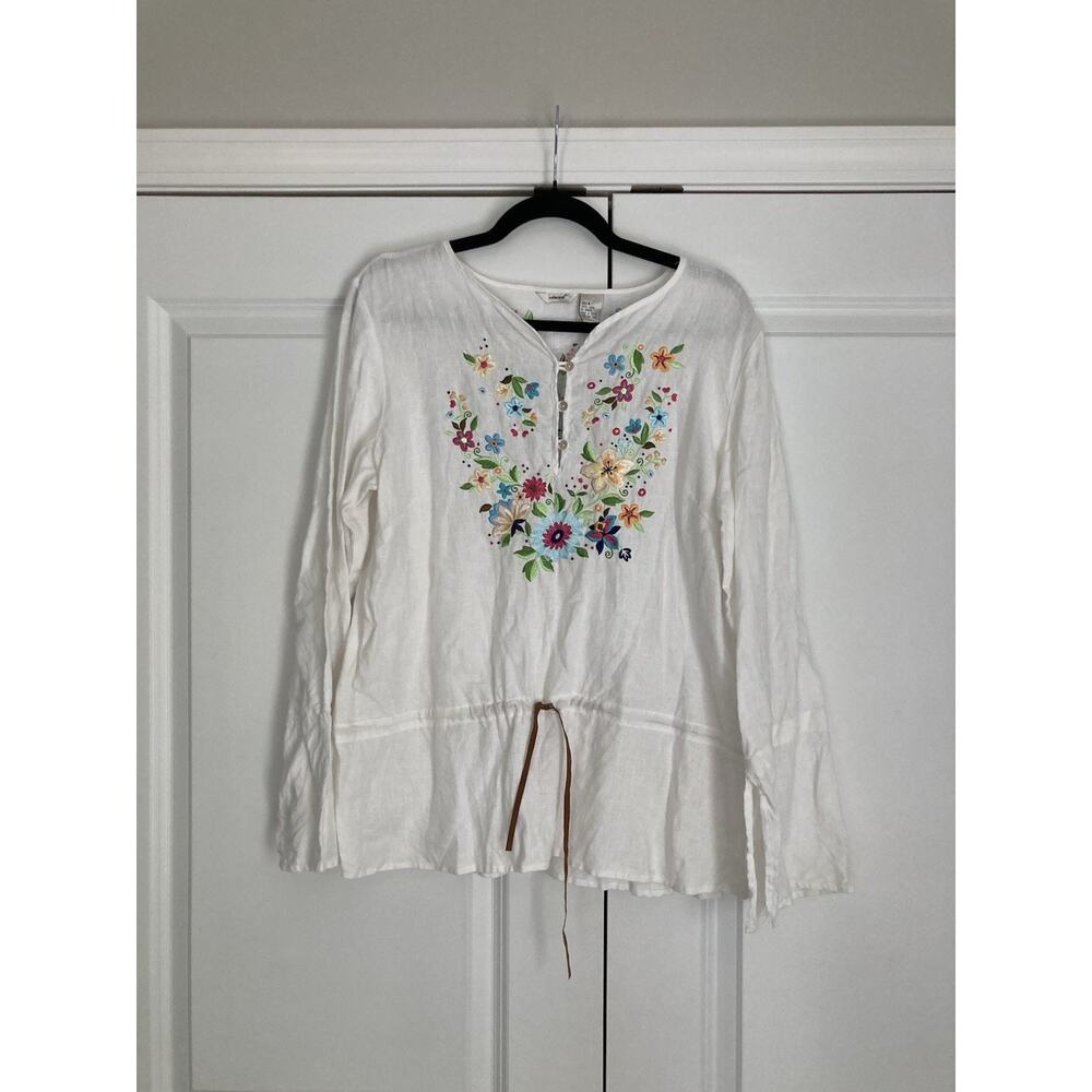 Edward Woman Linen Sz L White Floral Embroidery Casual Tunic Top Boho Hippie